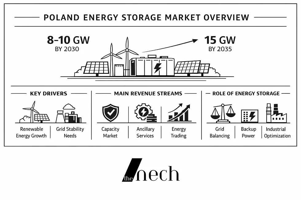Poland energy storage market overview infographic showing projected BESS capacity growth to 8–10 GW by 2030 and 15 GW by 2035 with key drivers such as renewable energy expansion, grid stability needs, and main revenue streams like capacity market and energy trading.