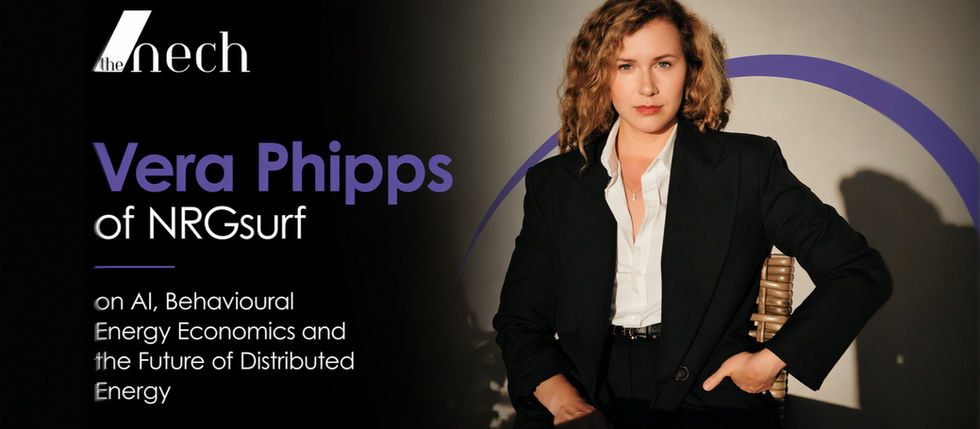 Black-and-white style promotional portrait for the nech featuring Vera Phipps of NRGsurf. The image shows Vera seated in a black suit and white shirt against a minimalist studio background with a curved purple graphic element. Text on the left reads: “Vera Phipps of NRGsurf on AI, Behavioural Energy Economics and the Future of Distributed Energy,” with the nech logo positioned at the top.