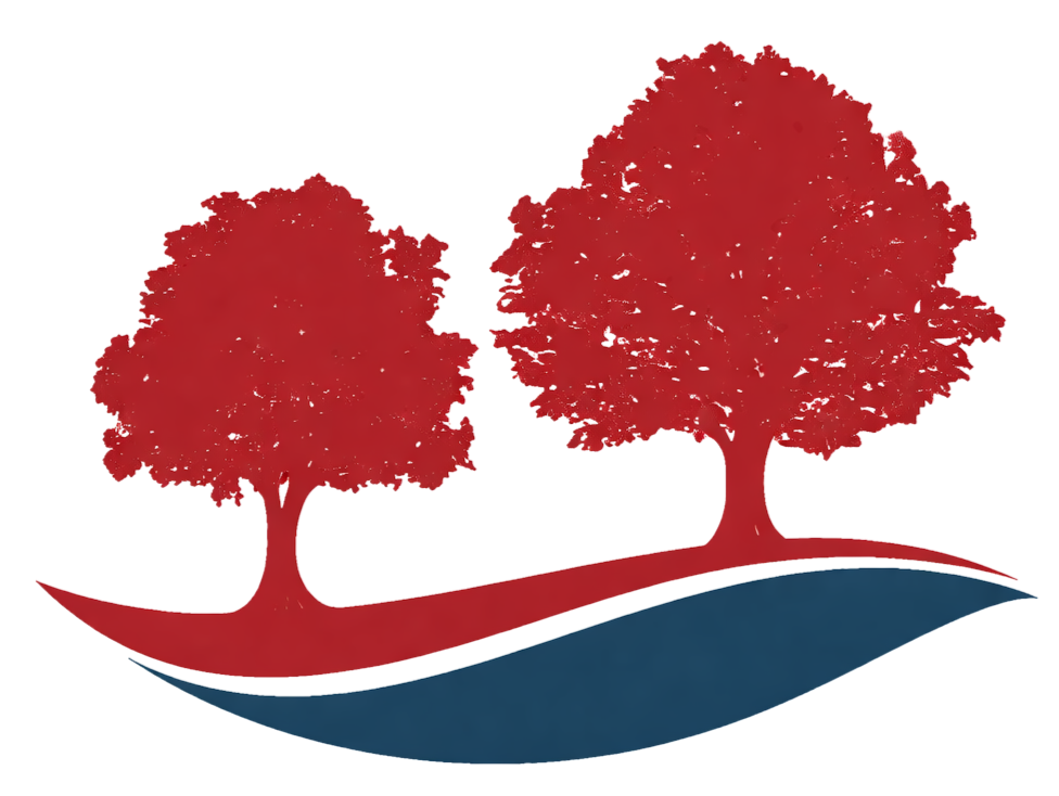 Stylized logo of two red trees on a blue wave