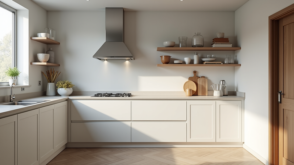 Eye-level view of a modern kitchen with new cabinets and countertops