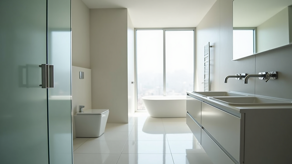 Eye-level view of modern bathroom with sleek fixtures and natural light