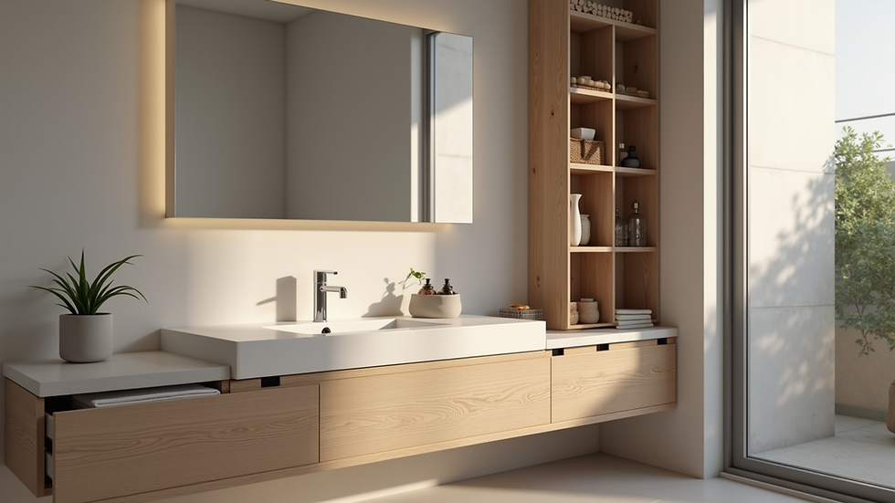 Close-up view of floating vanity with built-in drawers and open shelving