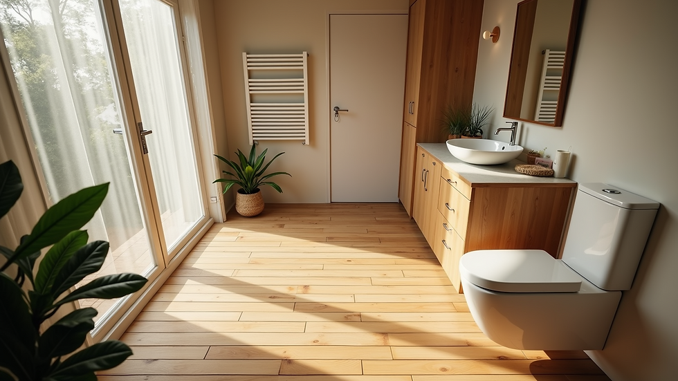 High angle view of eco-friendly bathroom with bamboo flooring and low-flow fixtures