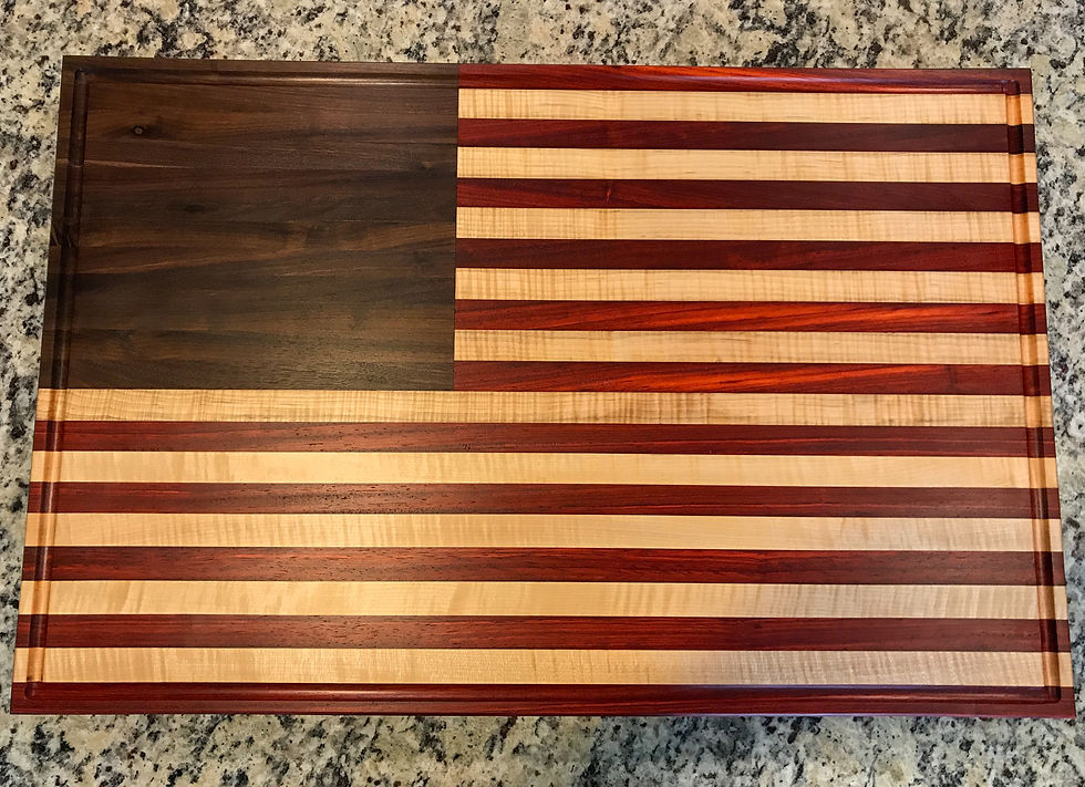 Thumbnail: (SOLD) Large American Flag Paduak / Black Walnut / Curly Maple Cutting Board