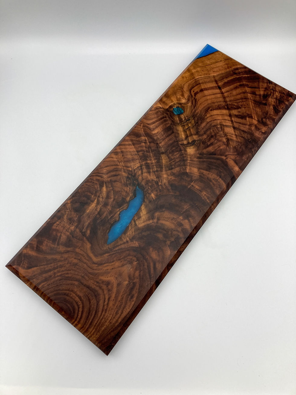 Thumbnail: (SOLD) Live Edge Black Walnut with Blue Epoxy Charcuterie Board