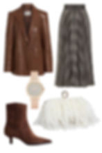 Fashion collage on white background: brown leather blazer labeled TWP, plaid skirt, rose-gold watch, brown boot, and white feather clutch. Vegas night out classy looks.