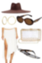 Fashion collage with brown wide-brim hat, gold hoop earrings, tortoiseshell sunglasses, white slit skirt, clear clutch and flip-flops. Summer looks to wear in Las Vegas.