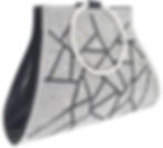 Silver rhinestone clutch purse with black geometric lines and circular handle, for a night out in Vegas.