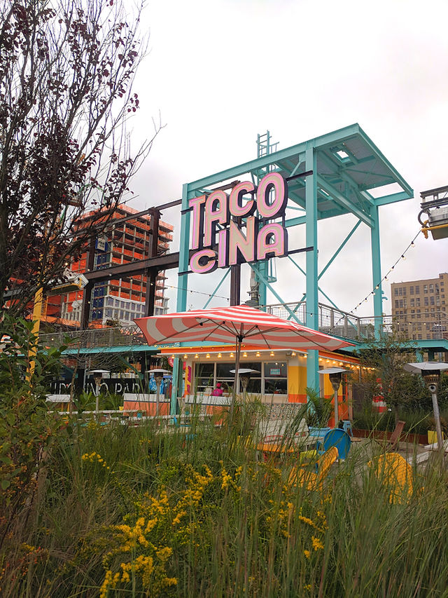 Colorful Taco restaurant in Domino Park. Taco Cina. Williamsburg places to eat. 