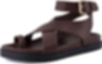 Brown leather ankle-strap sandal with gold buckle and black sole on a white background. Comfortable shoes for walking in Las Vegas.