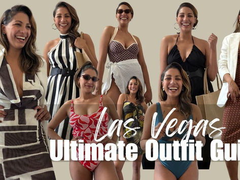Multiple models wearing different outfits you can pack in a carryon when you visit Vegas.