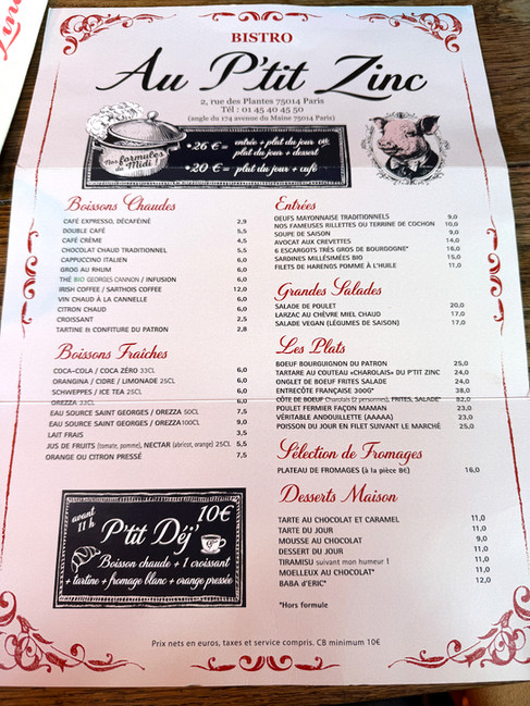Food menu written in French for Au P'tit Zinc
