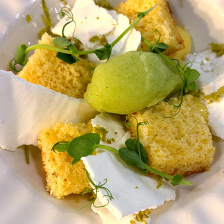 Dessert featuring rum soaked cakes and lime sorbet. Best Hotel Restaurant in Paris.