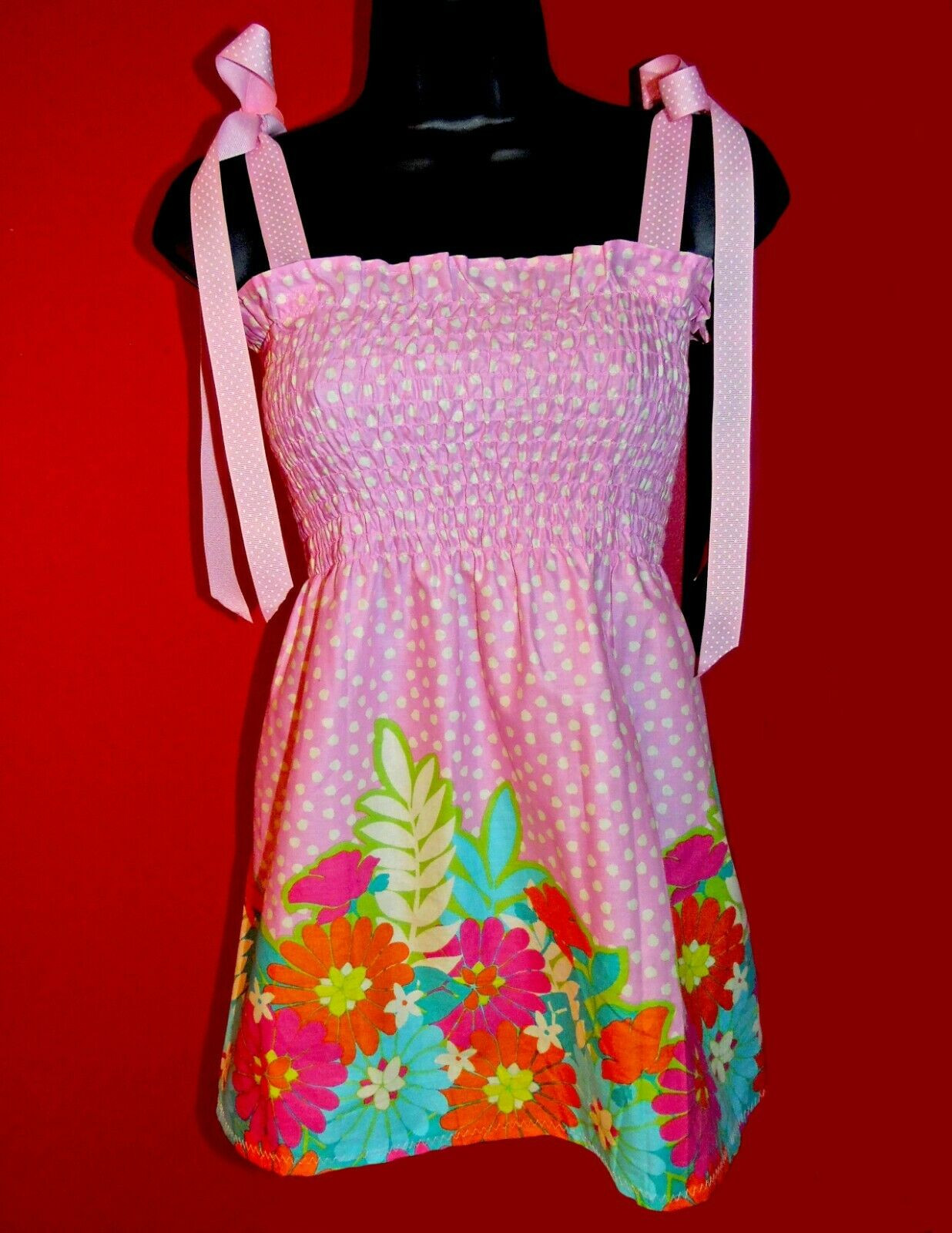 Pink Polka Dots Baby Doll Top Adjustable Tying Bows M