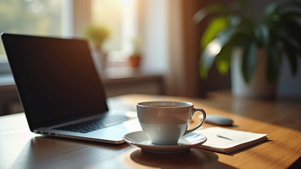 Eye-level view of a cozy home office with a laptop and a cup of tea