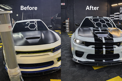 Custom racing stripe vinyl wrap lines installed on a vehicle in Columbus Ohio