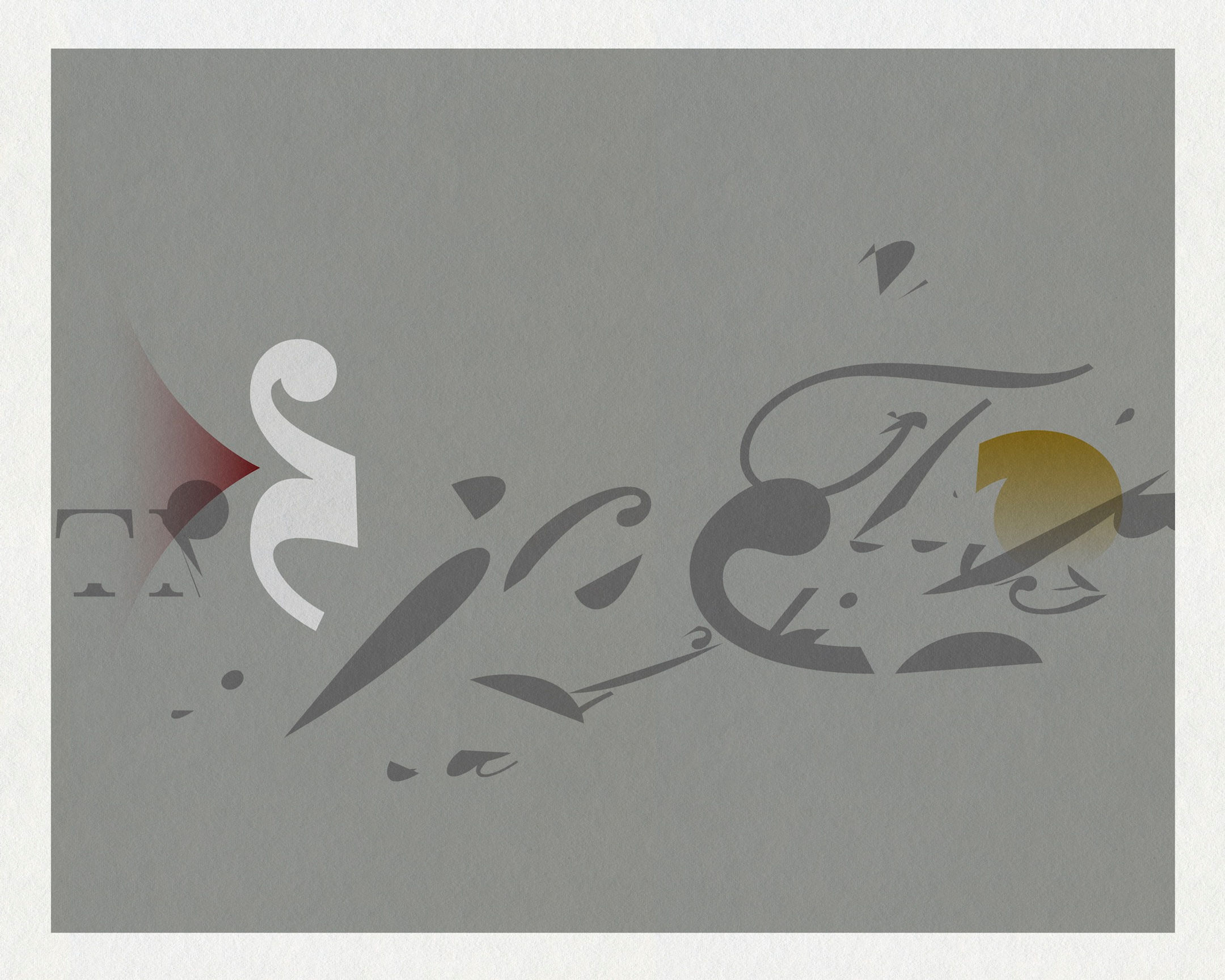 Abstract graphic composition with gray field, pale forms and gestural linework by Chris Ferebee