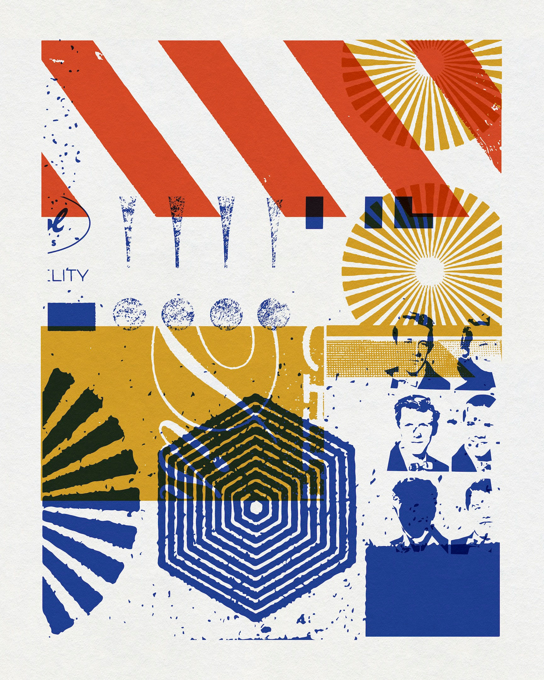 Color-driven graphic collage combining geometric forms, patterns and photographic imagery by Chris Ferebee