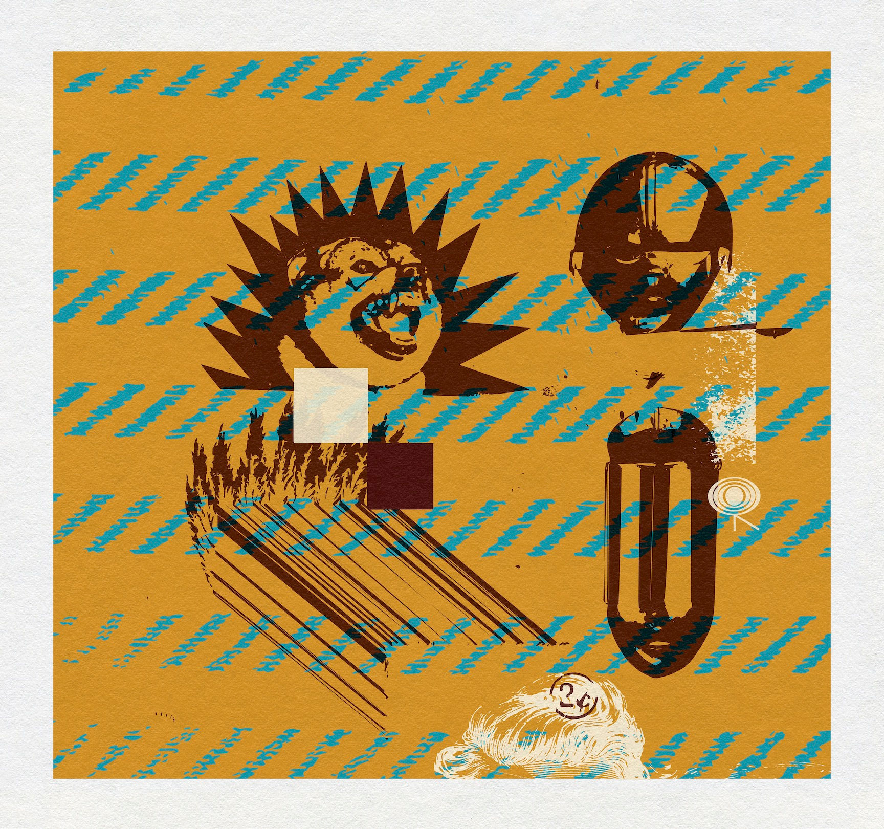 Abstract graphic artwork with a bird-like form, geometric marks and layered color by Chris Ferebee
