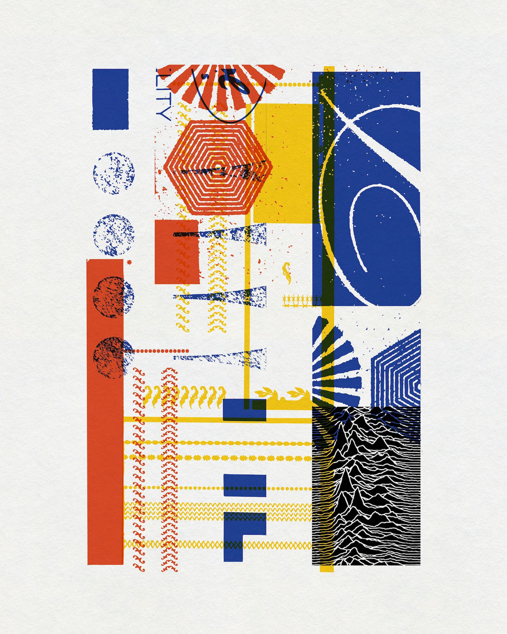Color-driven graphic collage combining geometric forms, patterns and layered textures by Chris Ferebee