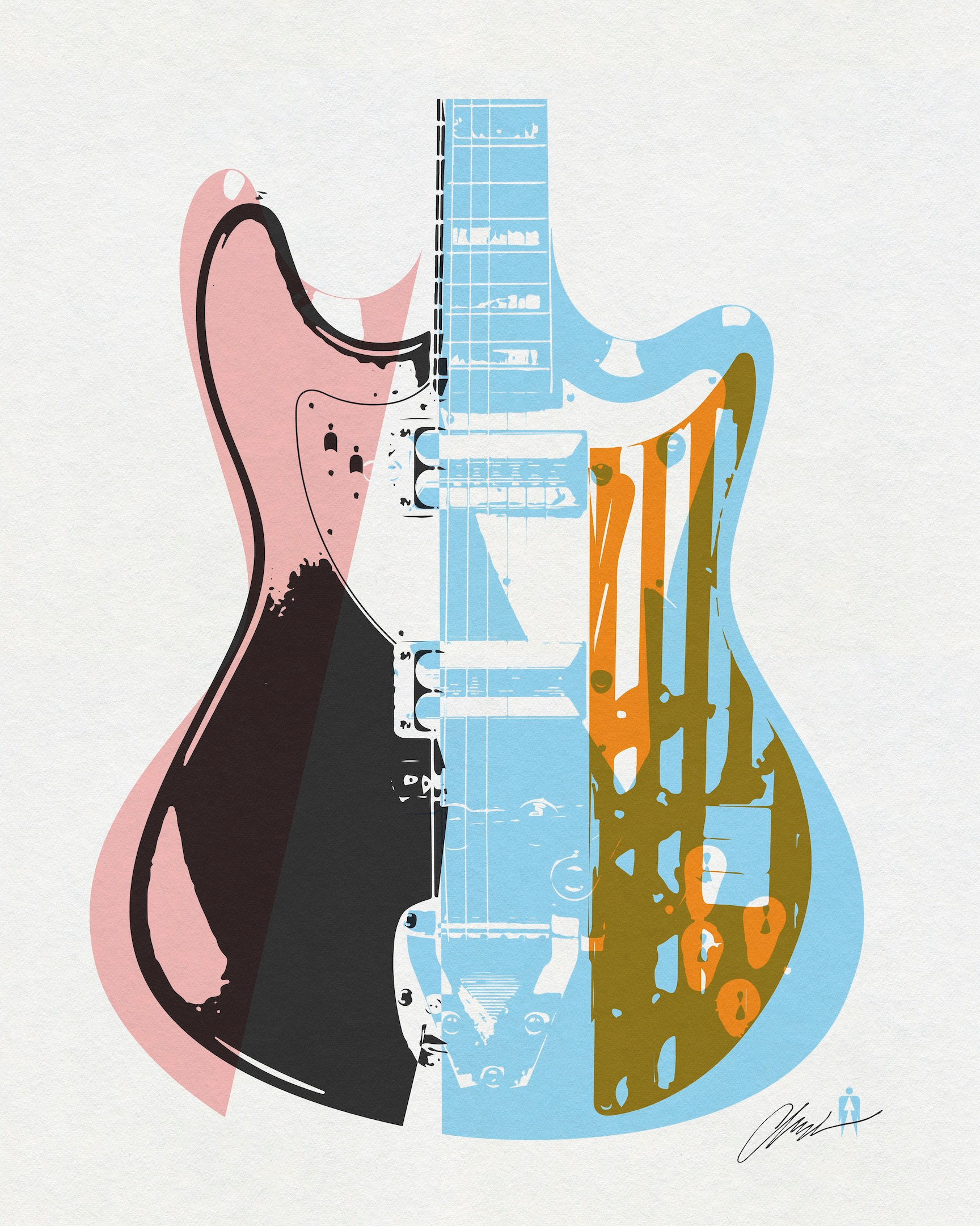 Guitar collage artwork combining pink, blue and black guitar forms by Chris Ferebee