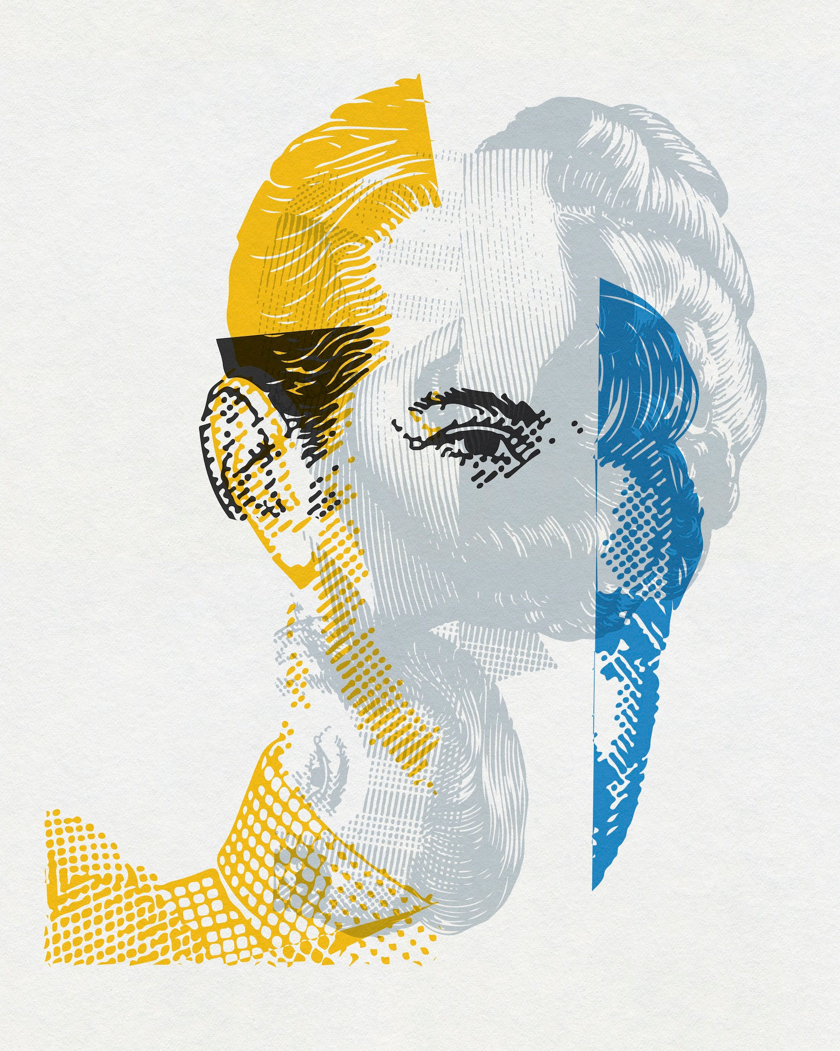 Contemporary portrait artwork with yellow and blue layered facial forms by Chris Ferebee