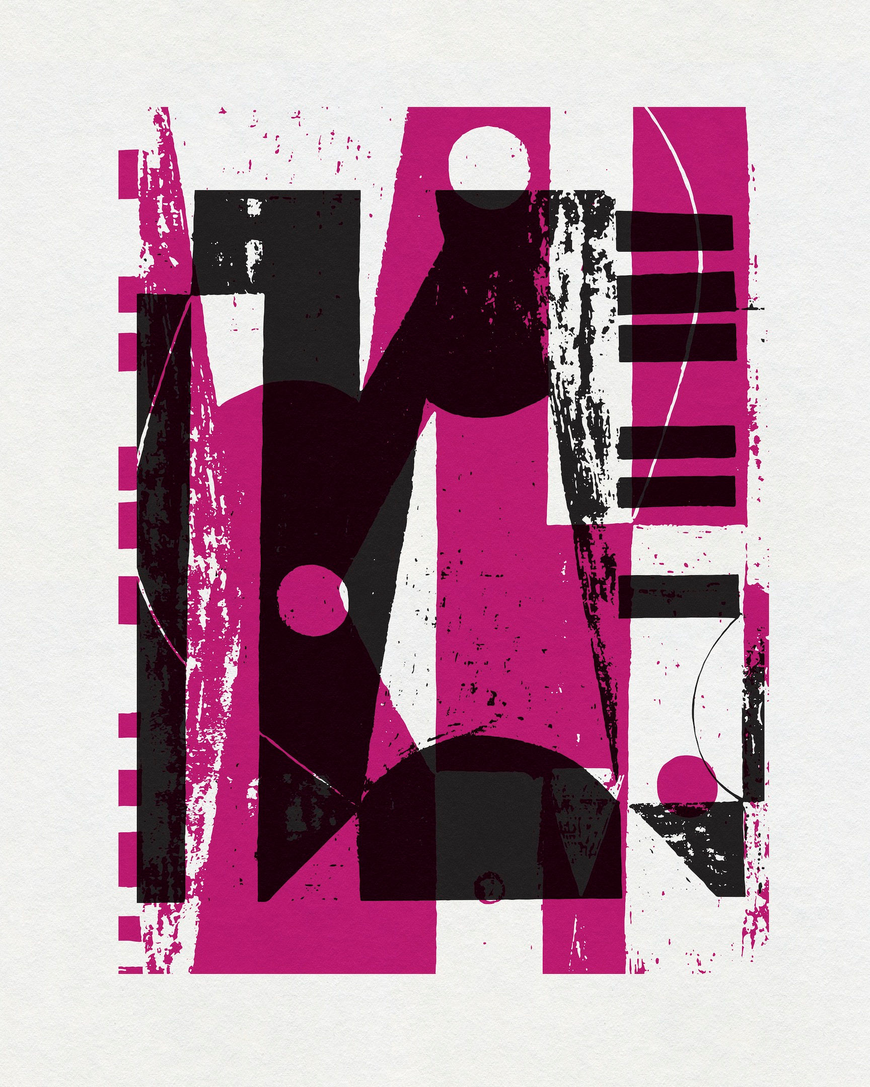 Geometric abstract artwork with magenta, black and gray forms from the Fujita Series by Chris Ferebee