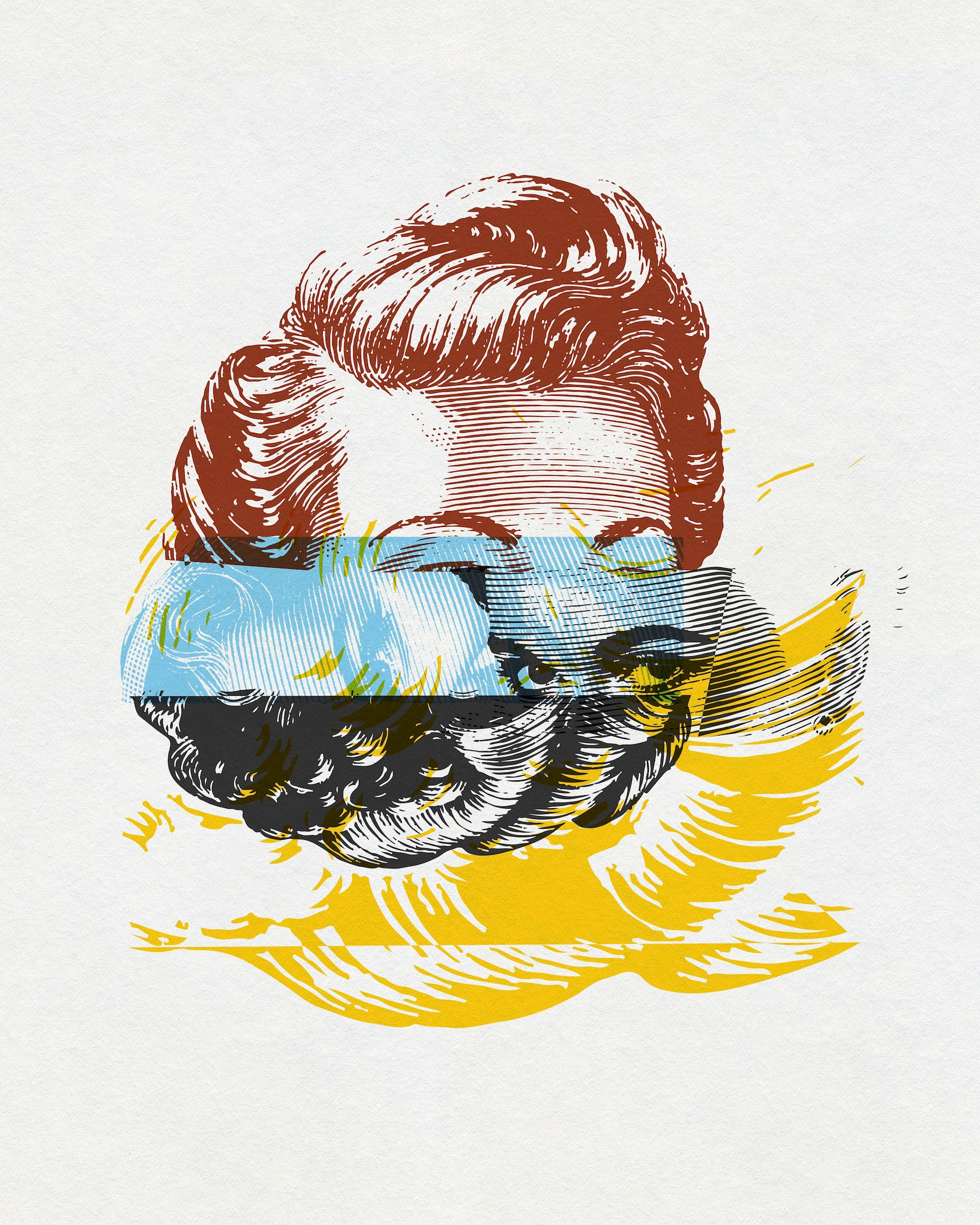 Contemporary portrait with layered red, blue and yellow graphic marks by Chris Ferebee