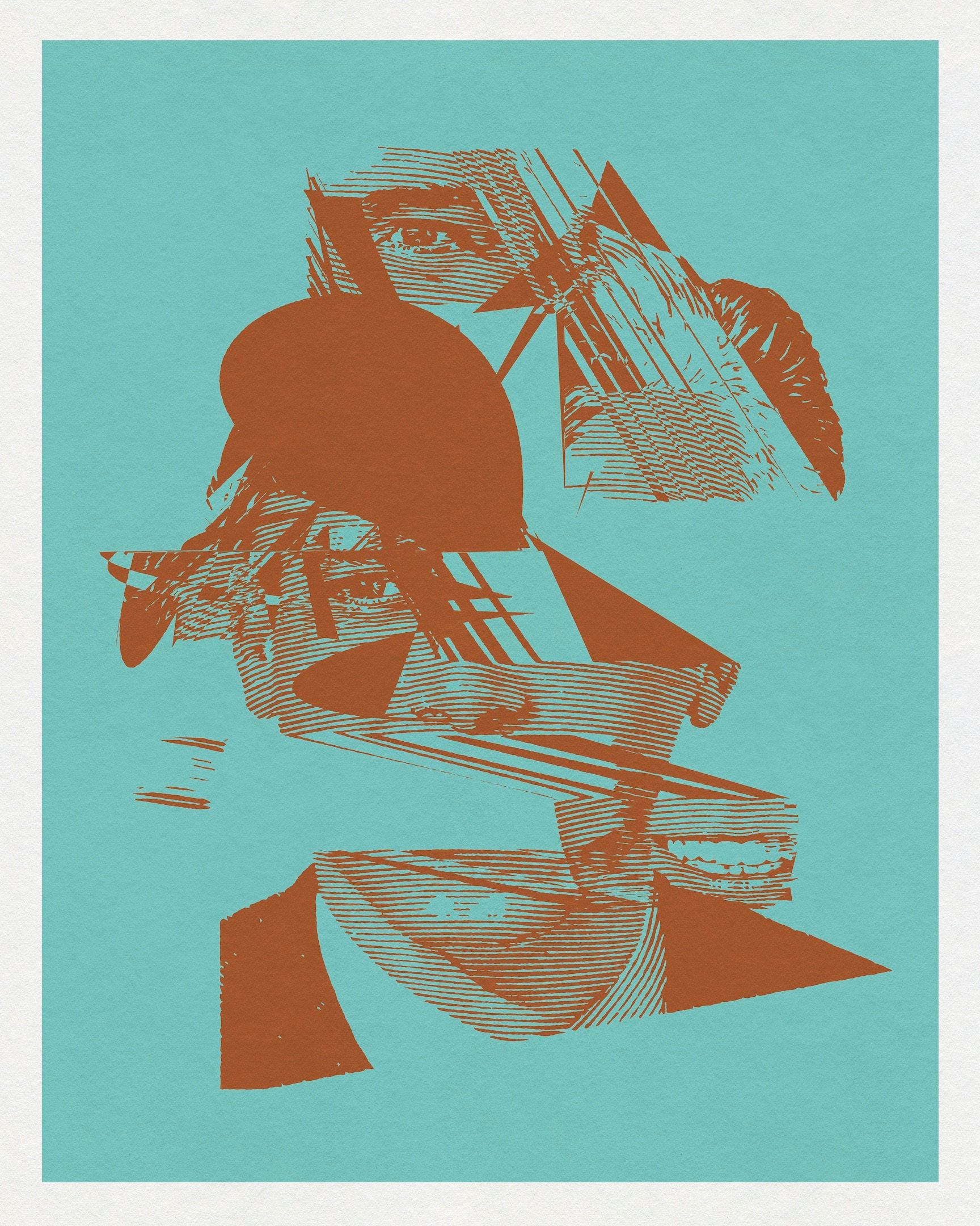 Abstract reconstructed portrait with rust and black forms on a cyan field by Chris Ferebee