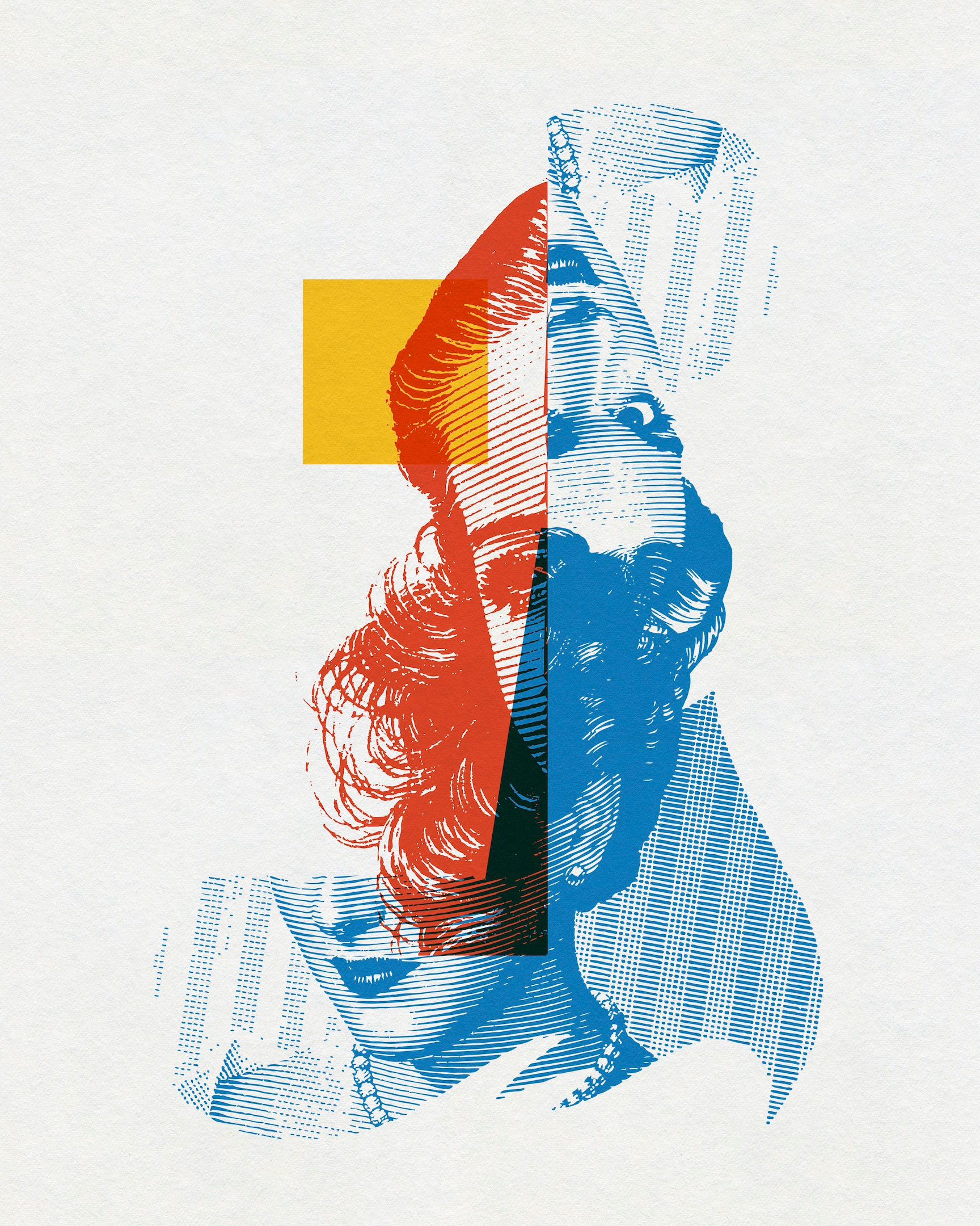 Contemporary portrait artwork combining blue, red and yellow graphic forms by Chris Ferebee