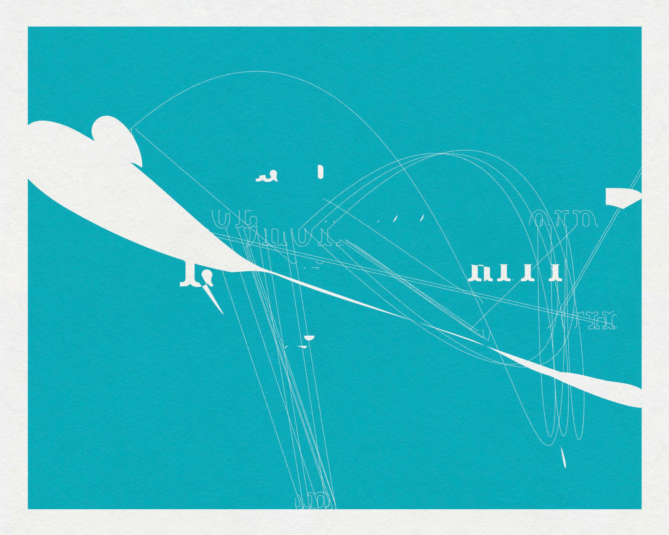 Abstract graphic composition with white linework and sweeping forms on a cyan field by Chris Ferebee