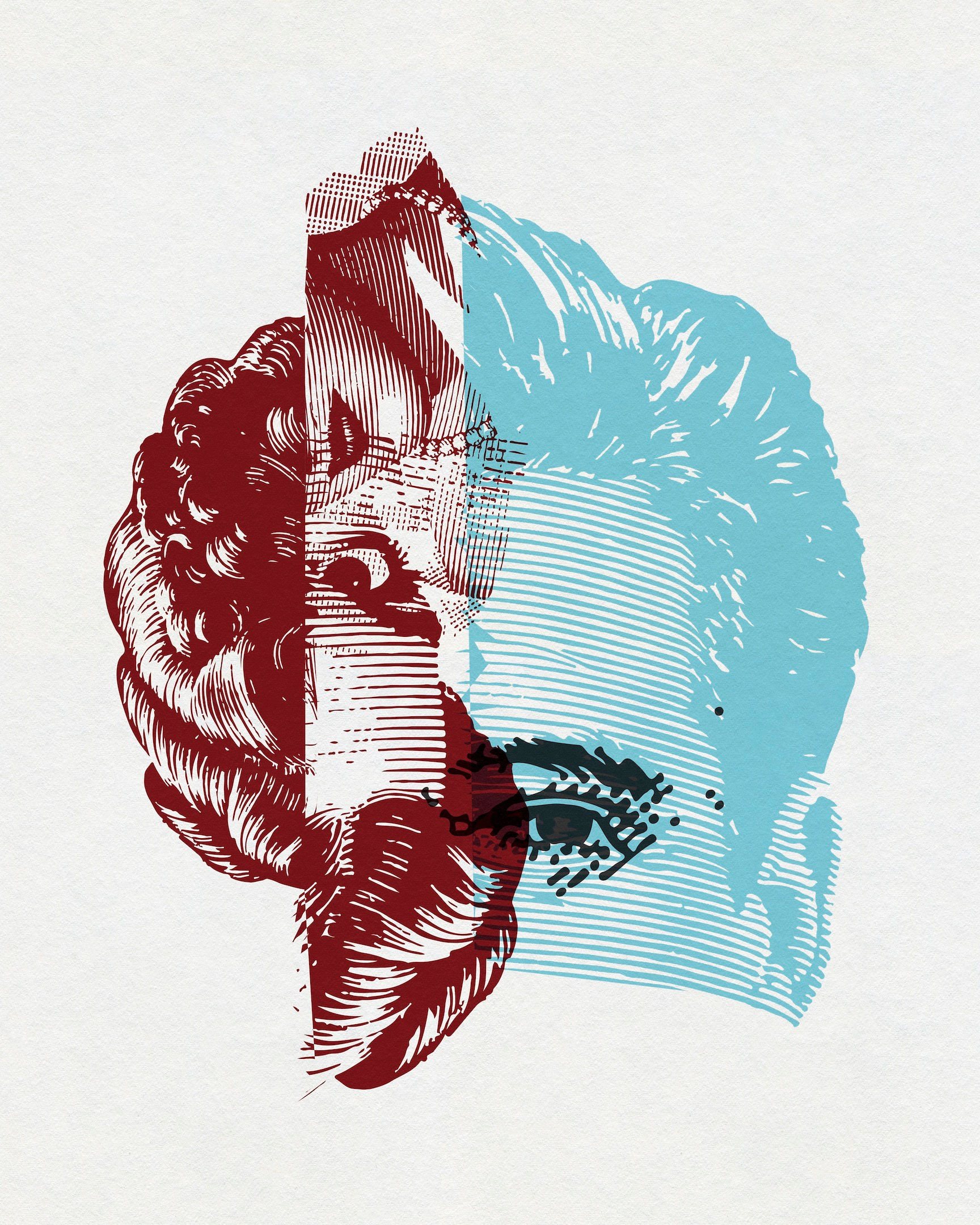 Split-color contemporary portrait with red and cyan facial forms by Chris Ferebee