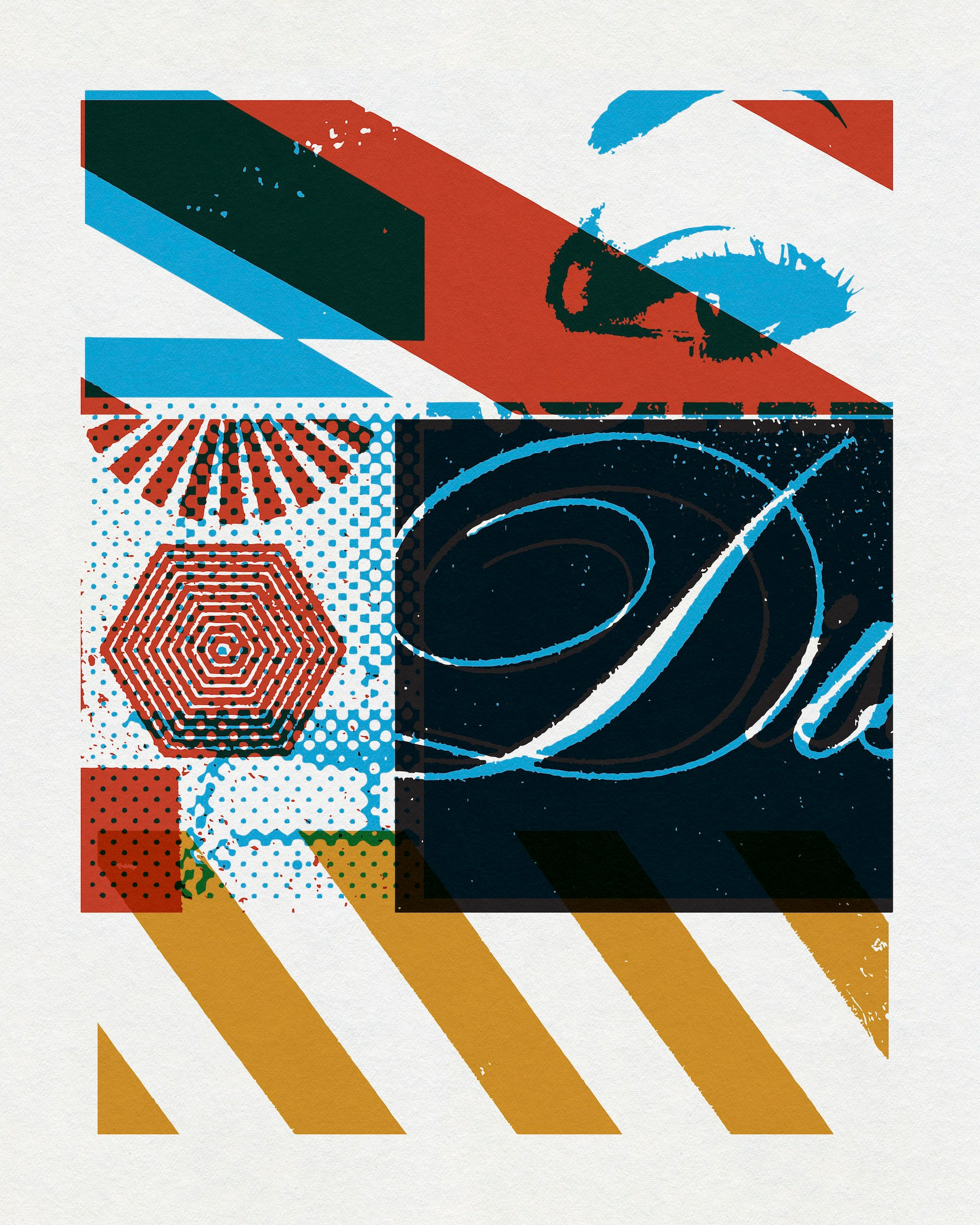 Color-driven graphic collage combining geometric forms, patterns and photographic imagery by Chris Ferebee