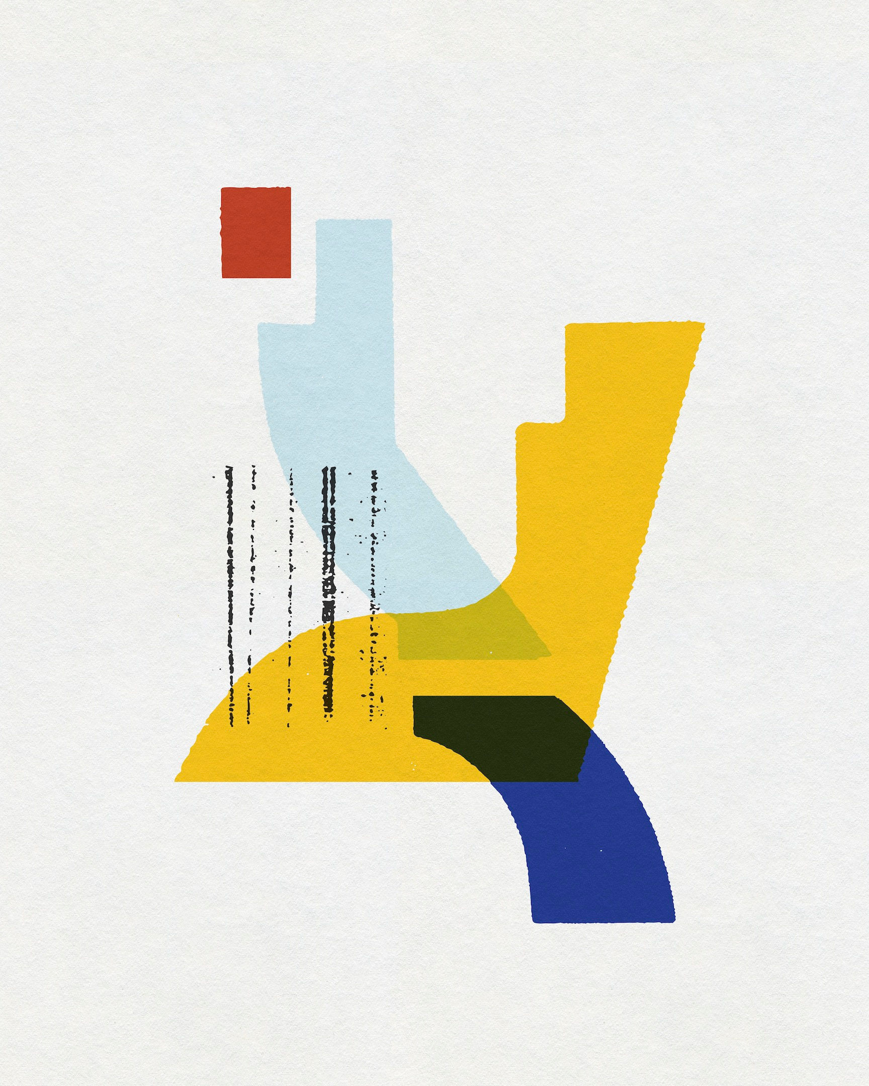 Geometric abstract artwork with yellow, blue and red forms from Counterblast by Chris Ferebee