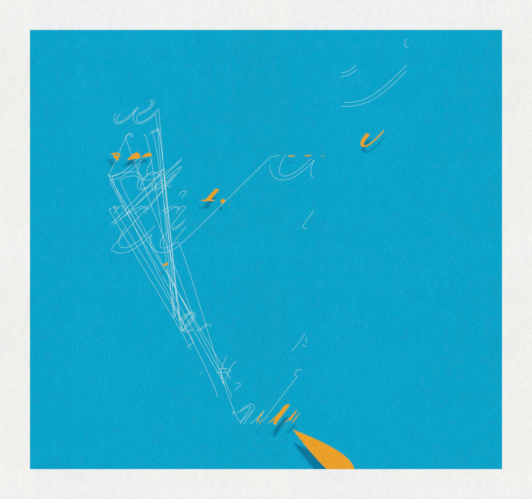 Abstract graphic composition with fine linework and small color accents on a cyan field by Chris Ferebee