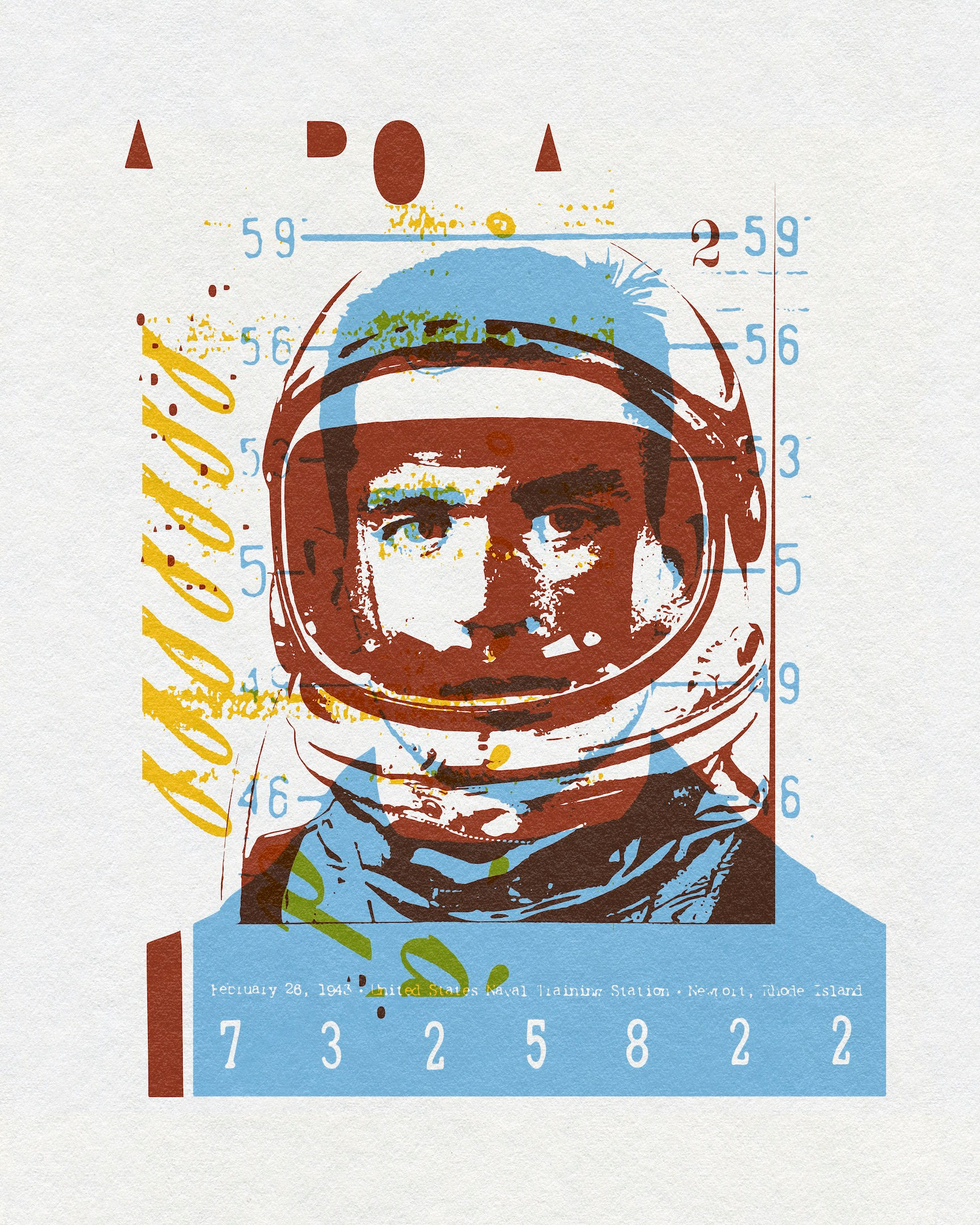 Graphic portrait of an astronaut-like figure with typography and geometric forms by Chris Ferebee (close up view)