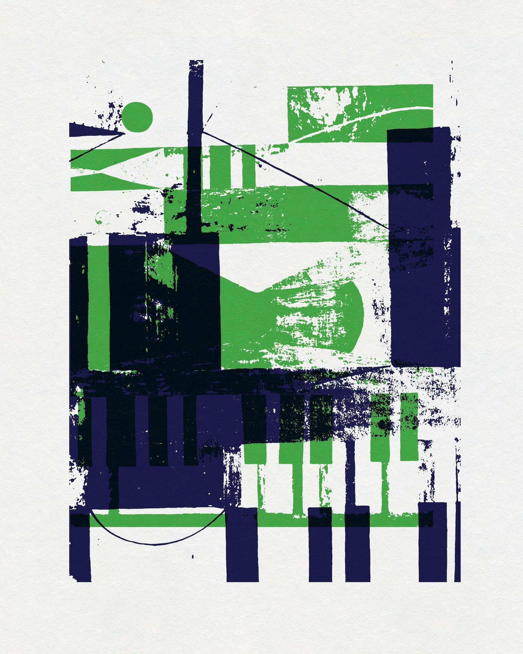 Geometric abstract artwork with green, navy and white forms from the Fujita Series by Chris Ferebee