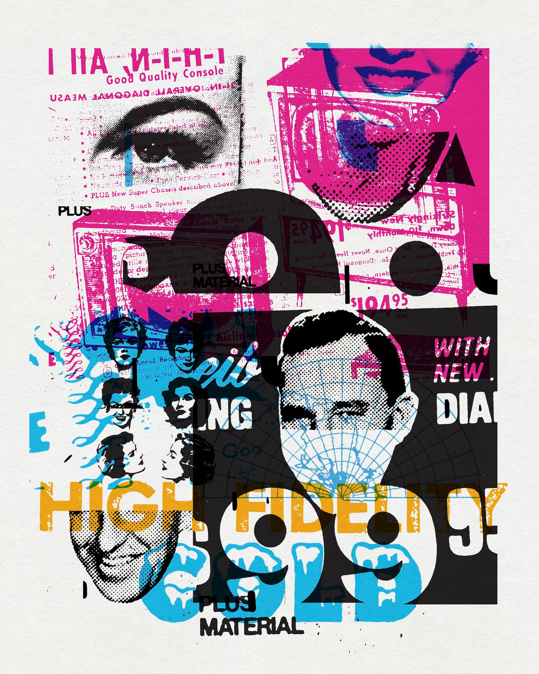 Dense graphic collage combining figures, typography, instruments and geometric marks by Chris Ferebee