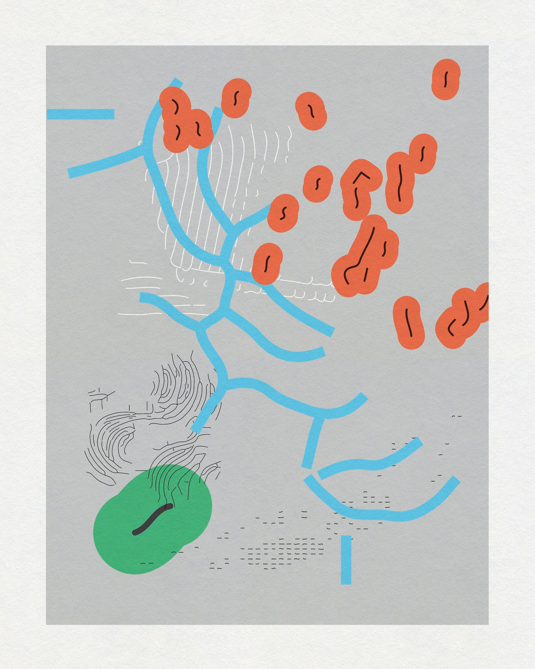 Abstract map-inspired artwork with blue branching lines, orange forms and green accents by Chris Ferebee