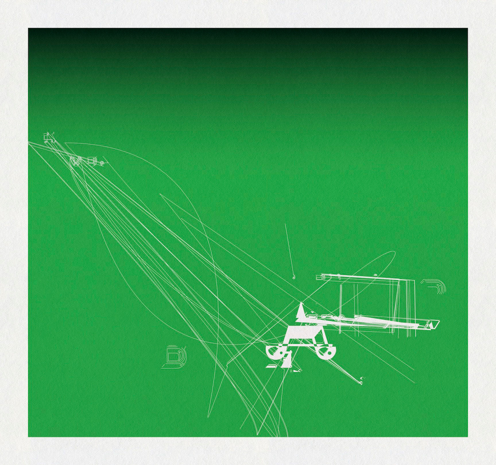 Abstract graphic composition with a white mechanical form on a green field by Chris Ferebee