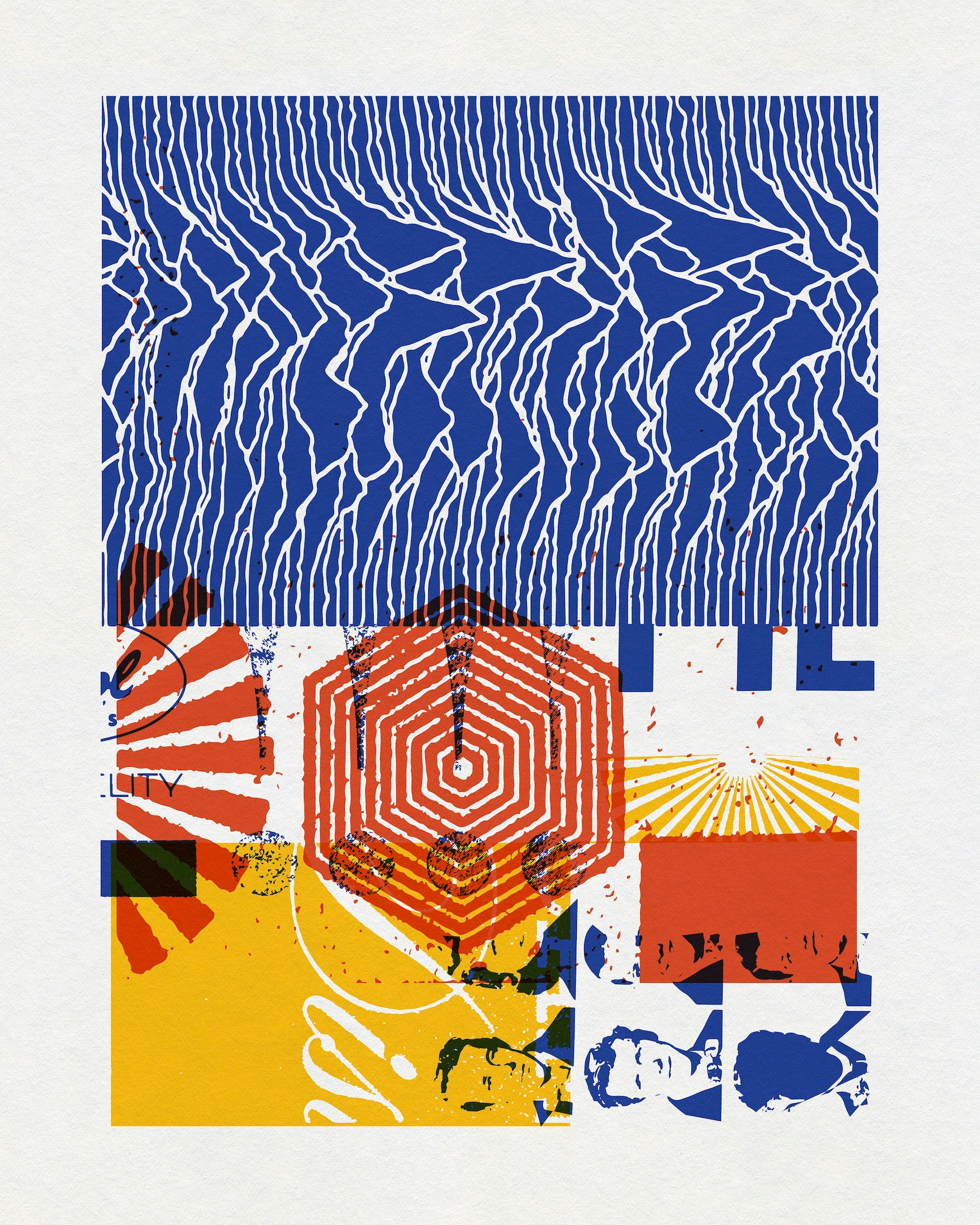Color-driven graphic collage combining geometric forms, patterns and photographic imagery by Chris Ferebee