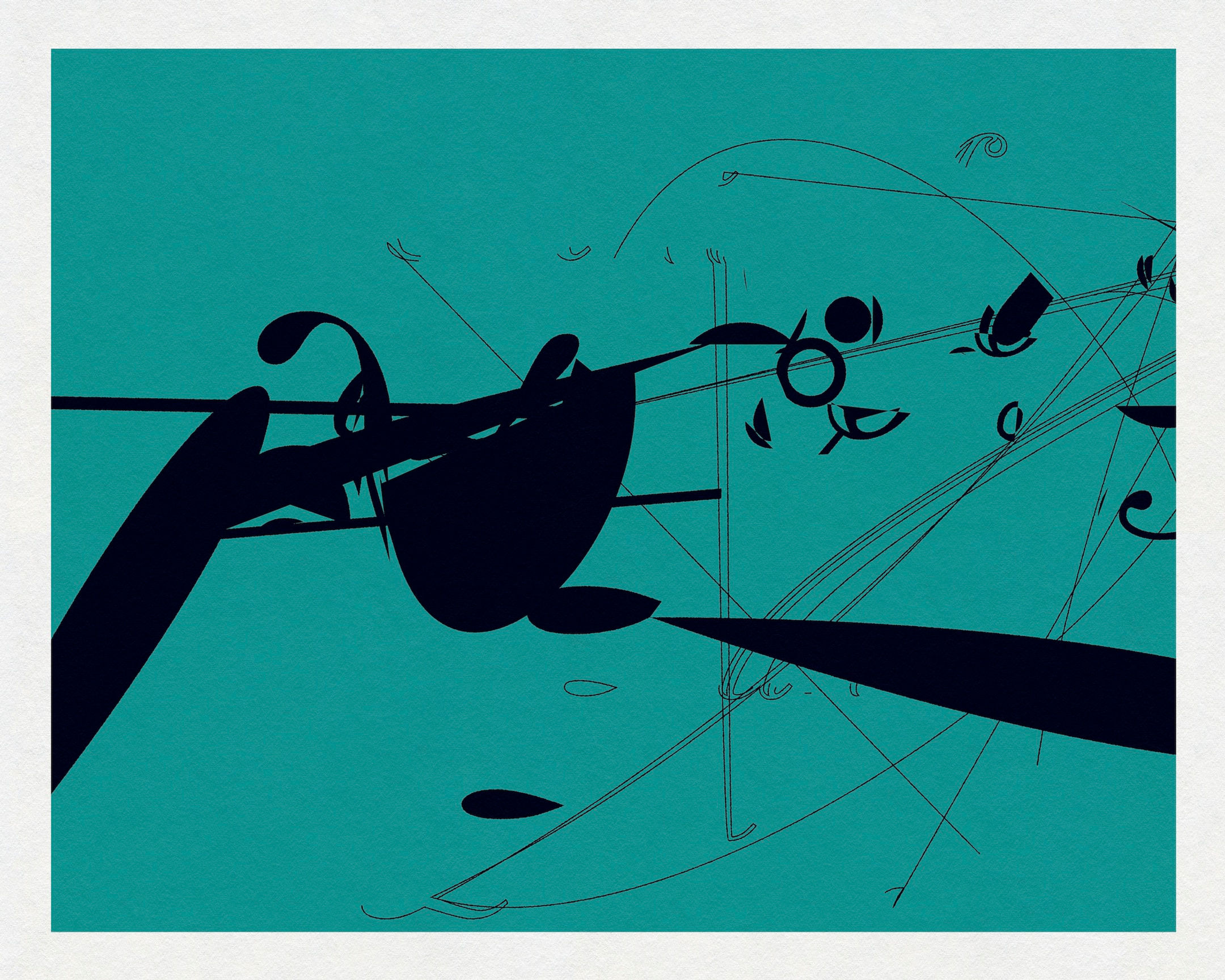 Abstract graphic composition with dark teal field, black forms and fine linework by Chris Ferebee