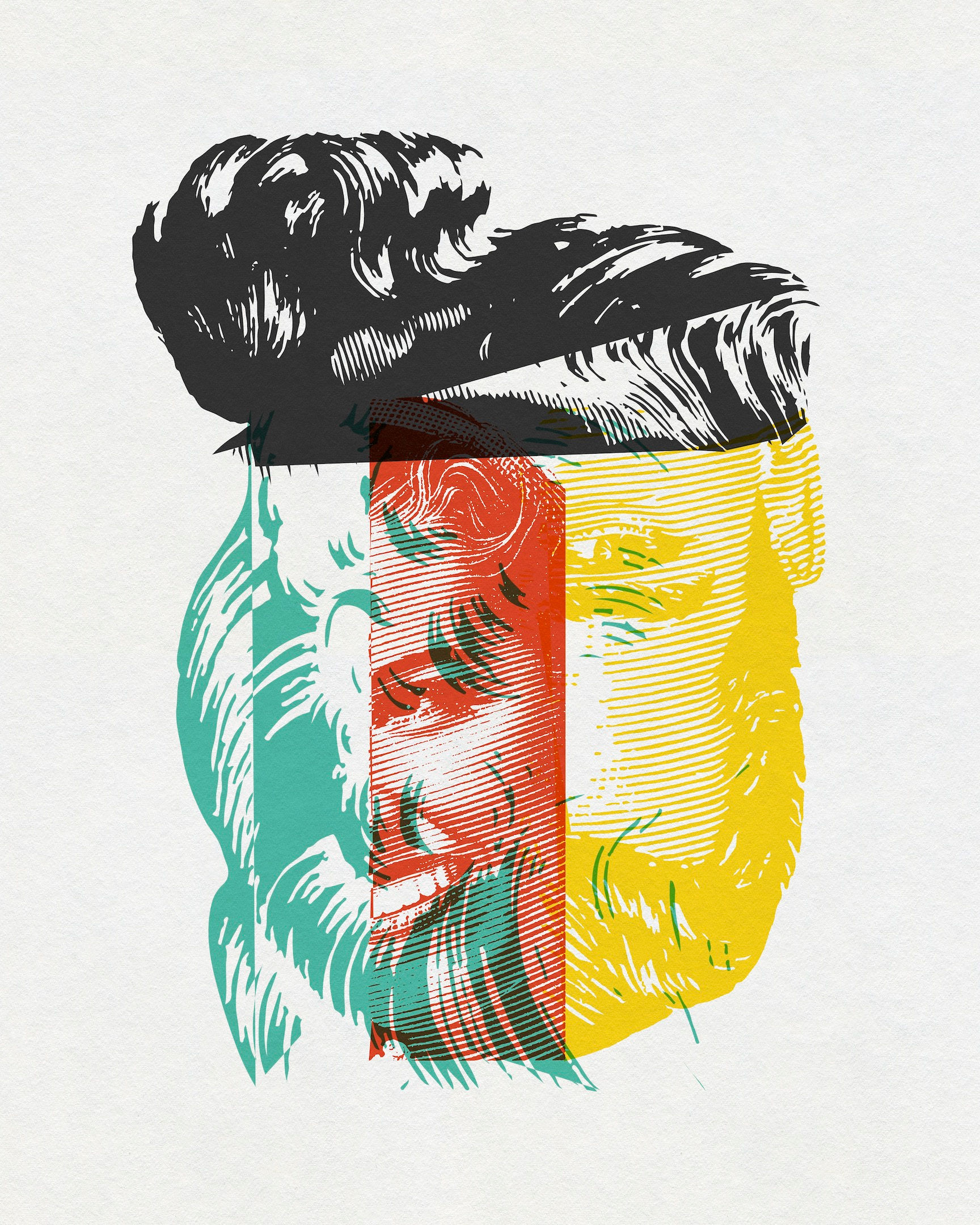 Contemporary portrait artwork with layered black, teal and yellow face forms by Chris Ferebee