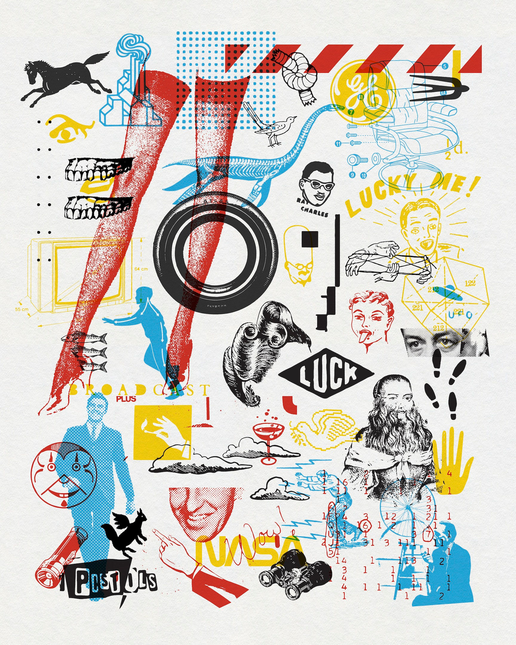 Graphic collage combining figures, typography, symbols and layered color by Chris Ferebee