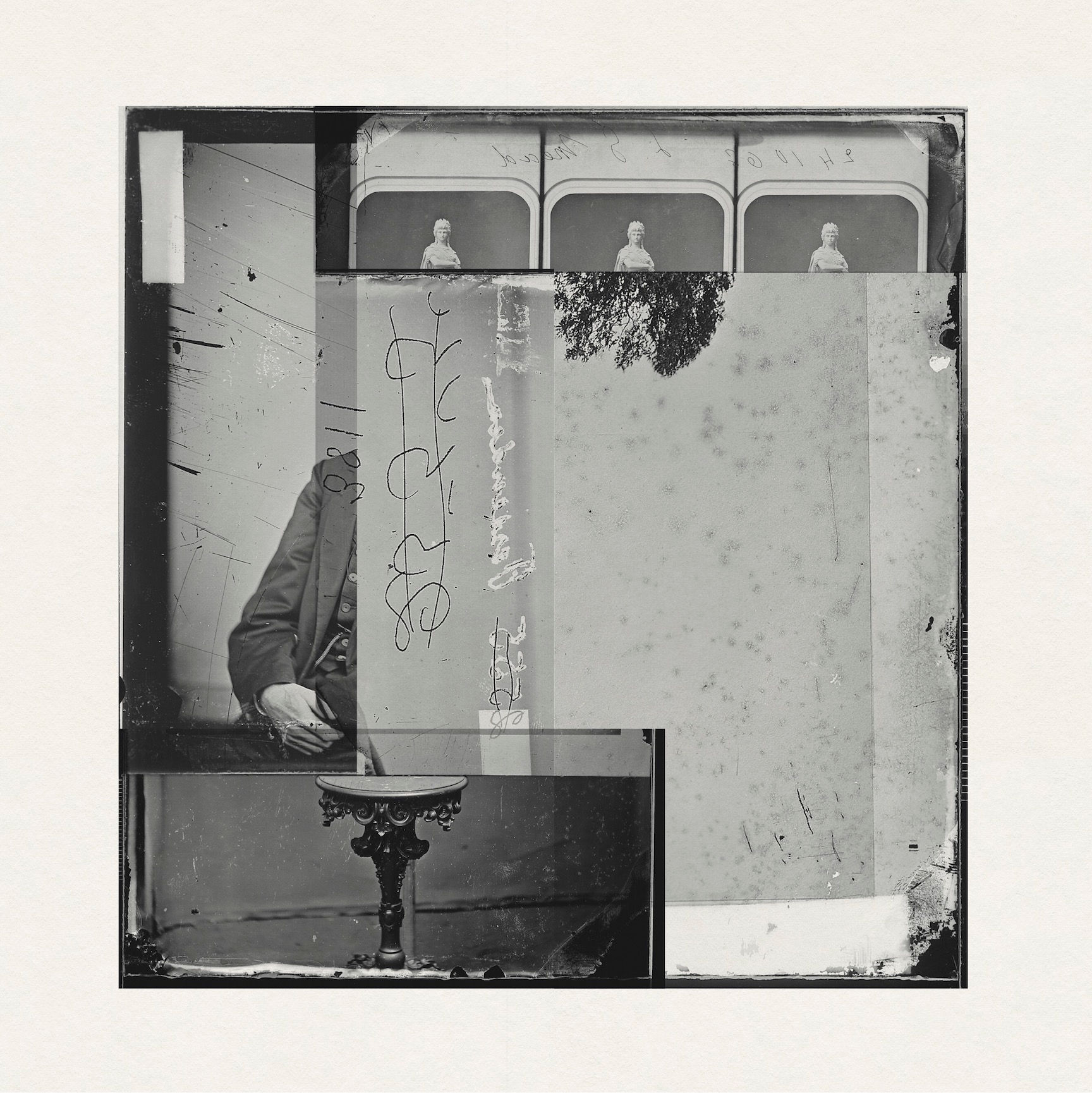 Monochromatic reconstructed collage combining interior imagery and layered forms by Chris Ferebee
