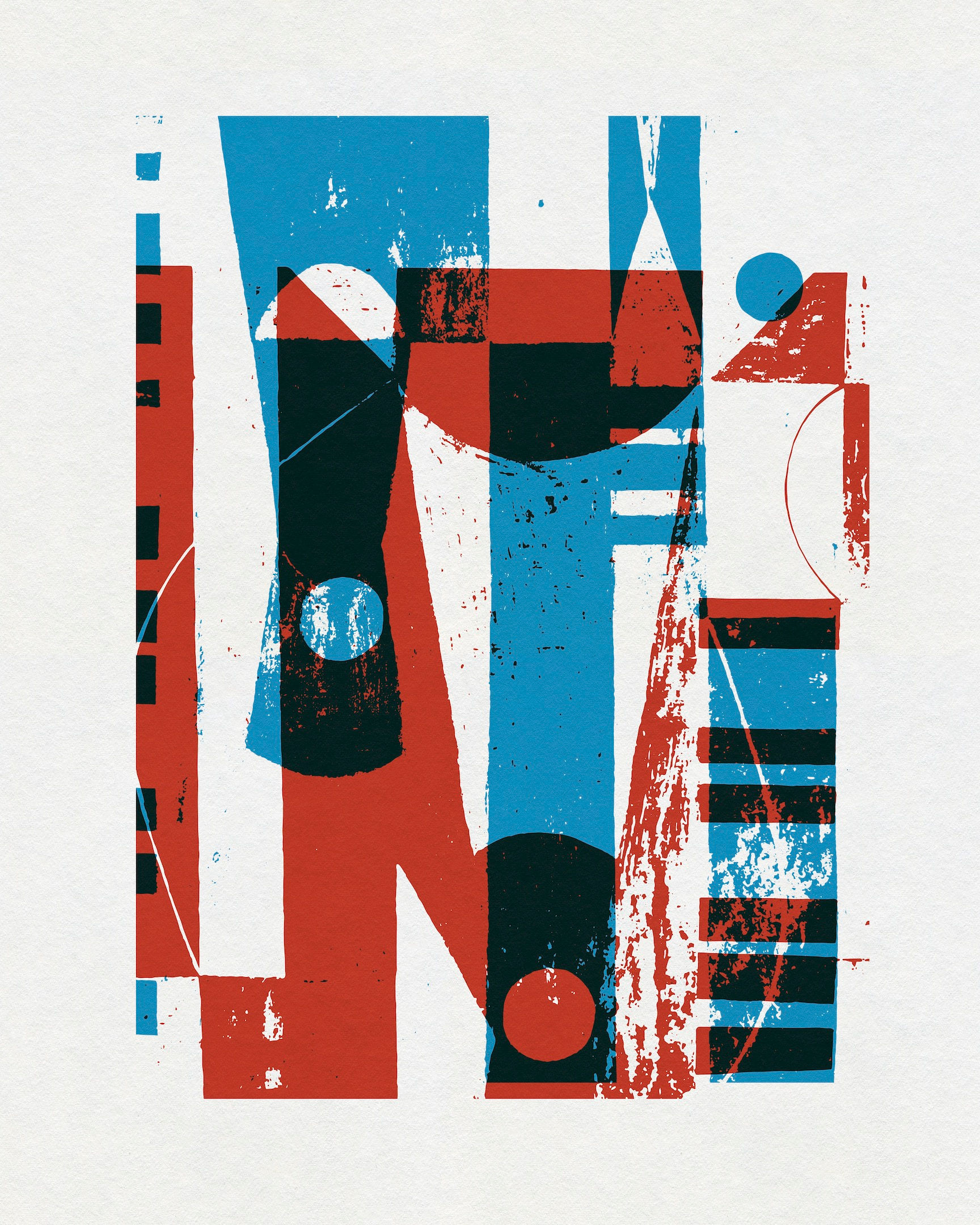 Geometric abstract artwork with blue, orange and black forms from the Fujita Series by Chris Ferebee