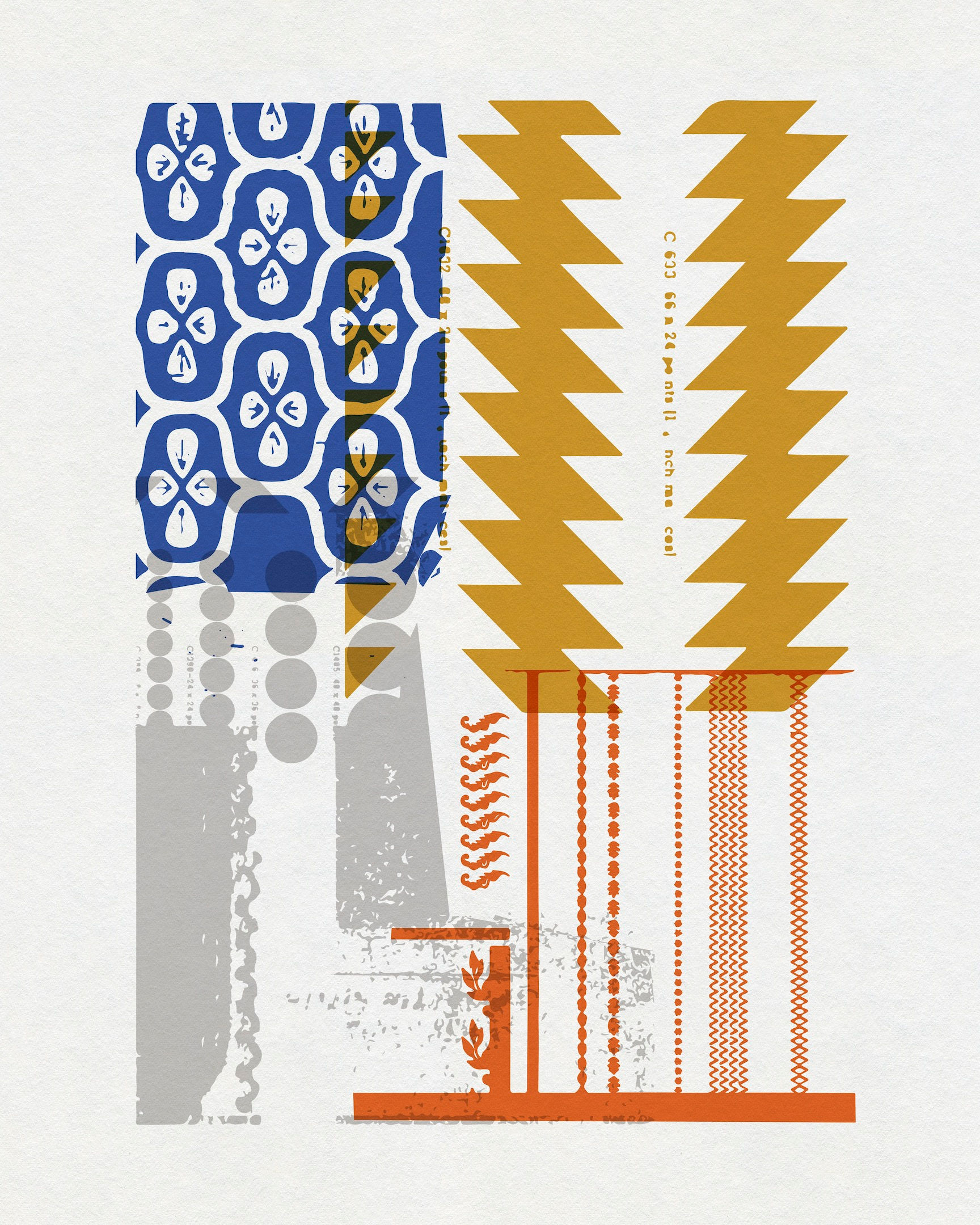 Graphic composition combining geometric block forms, patterned marks and structured lines by Chris Ferebee