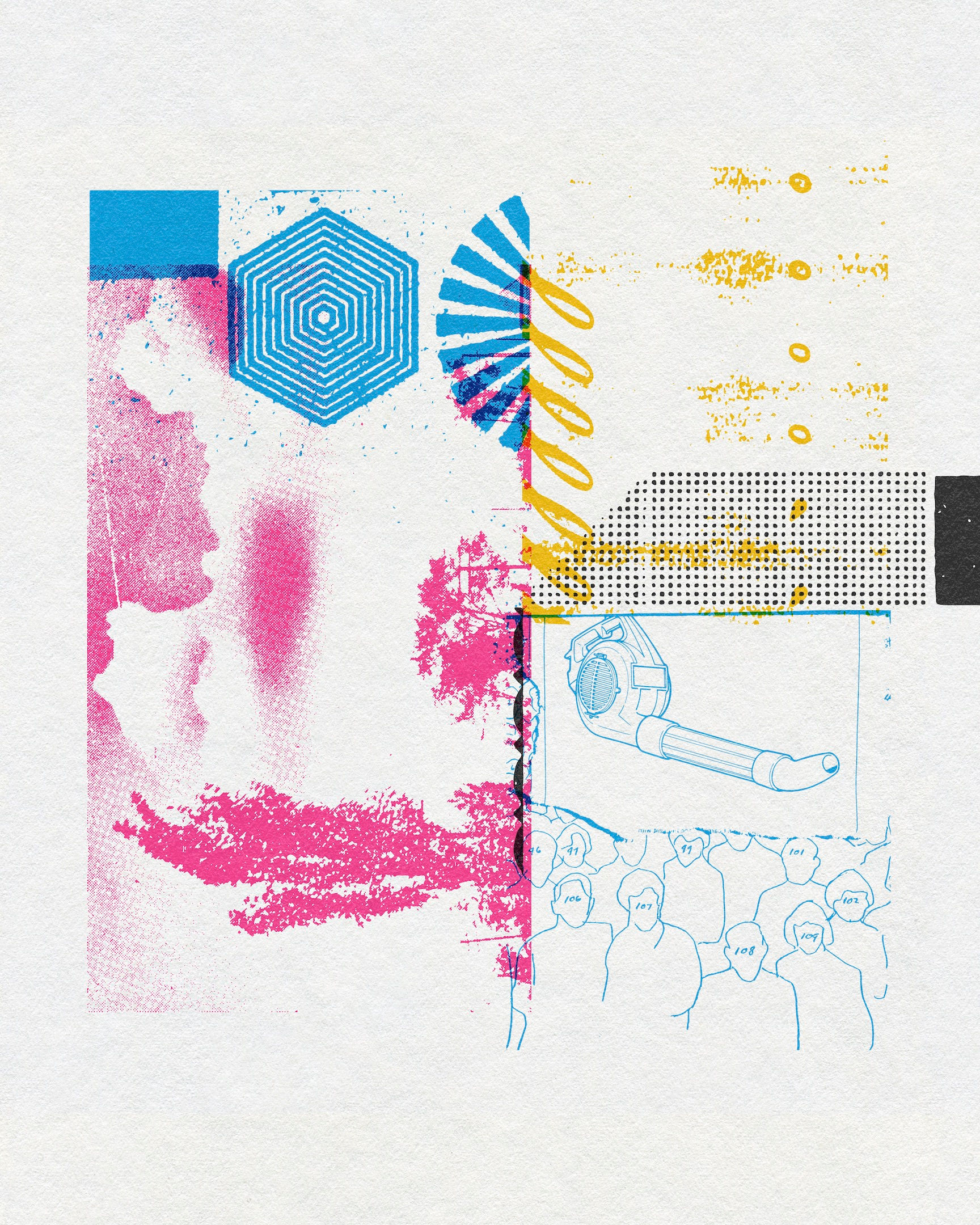 Graphic composition featuring a seated figure, geometric forms and layered color by Chris Ferebee
