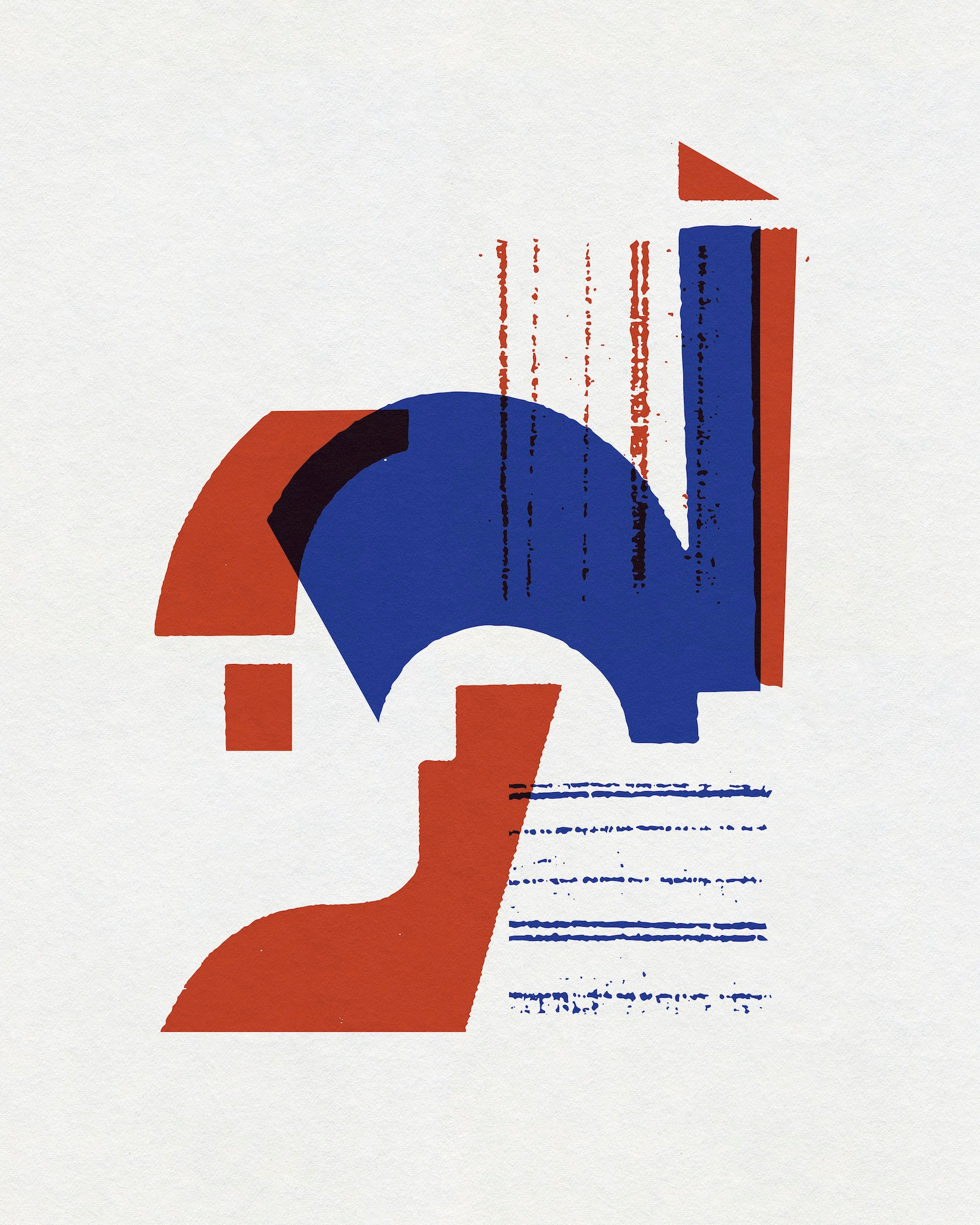 Geometric abstract artwork with red, blue and orange forms from Counterblast by Chris Ferebee