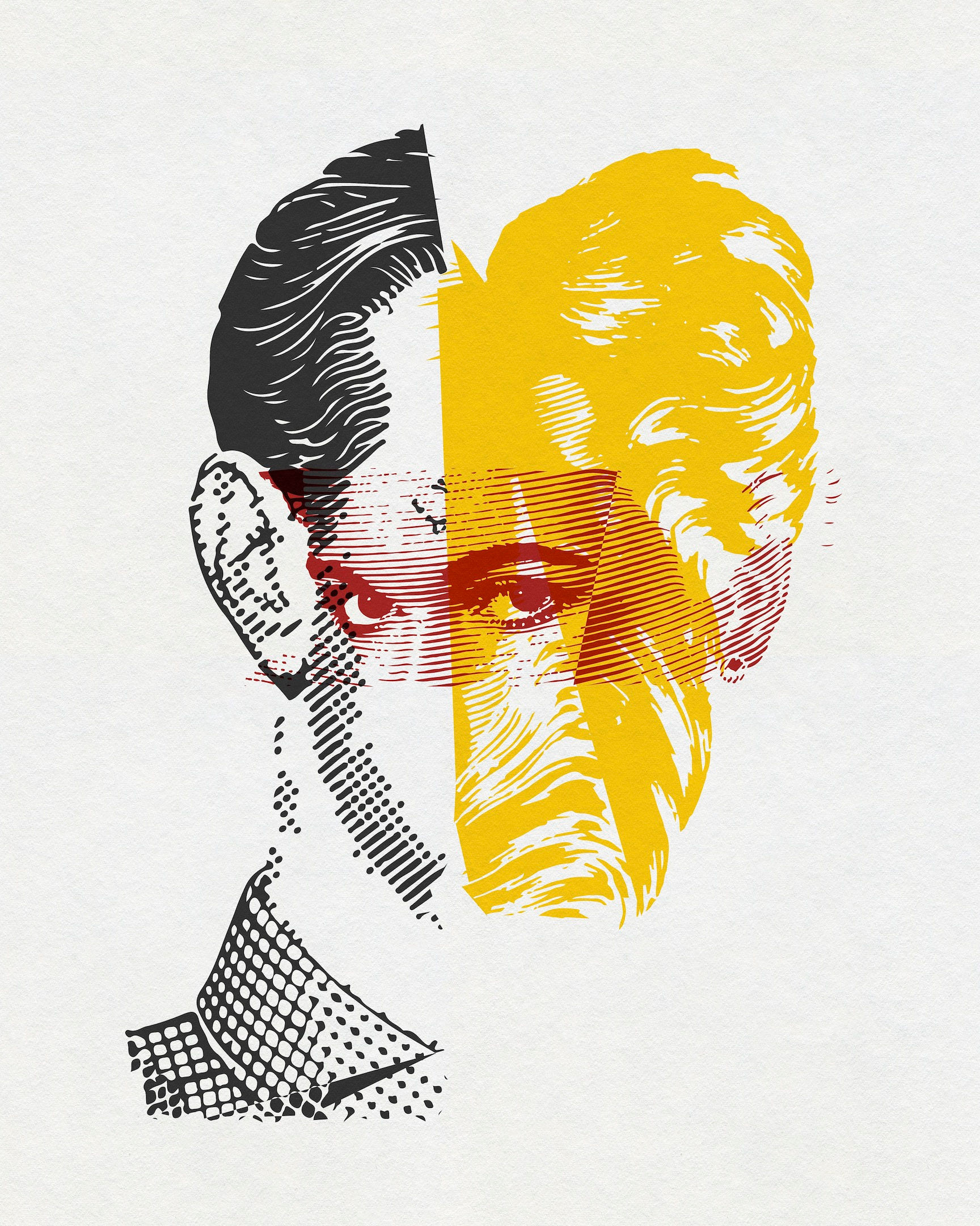 Contemporary portrait artwork combining black, yellow and red facial forms by Chris Ferebee